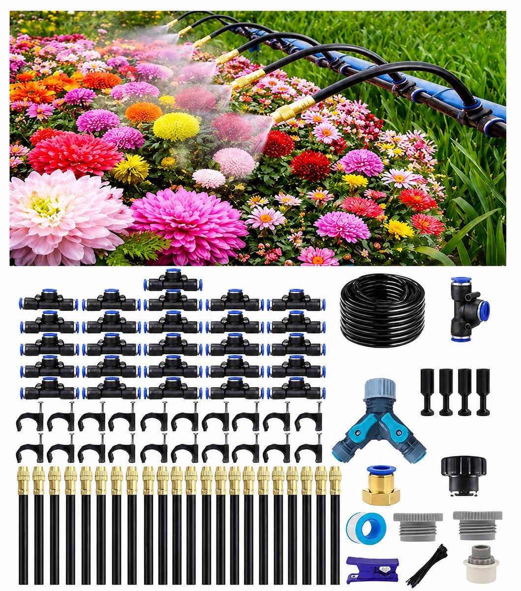 Druppelirrigatie Systeem 30M - Automatisch Tuin Watergeefsysteem - 360° Verstelbare Sproeikoppen - Tuin, Terras & Potplanten - Van Fijne Nevel tot Krachtige Jet - Irrigatieslang Set