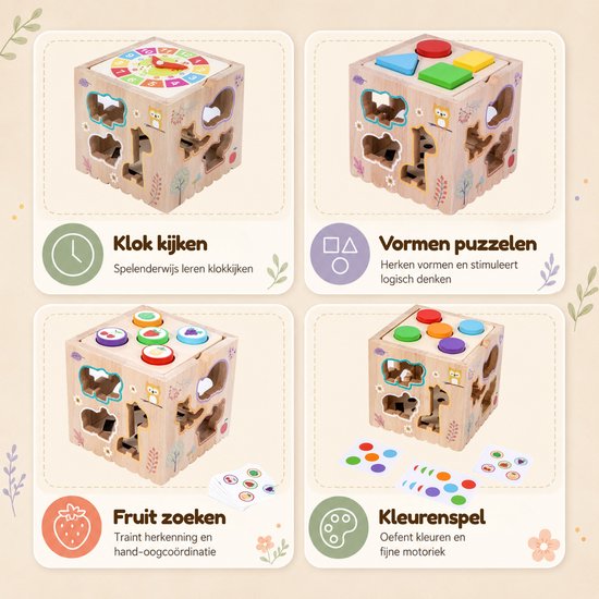 De Kleine Ontdekkerskubus - 8 in 1 Houten Montessori Sorteerspel met Vormen, Dieren, Kleuren en Klok - Intellikids van Intellikids — afbeelding 3