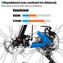 Detail van de mechanische schijfremmen van een HILAND mountainbike, met remafstandsindicatie.