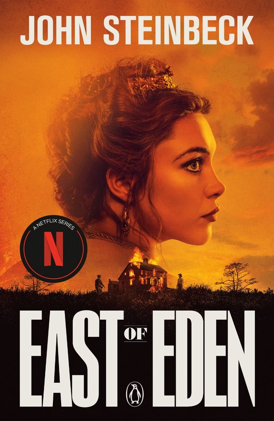 Boekcover van East of Eden, met op de voorgrond een brandend huis en op de voorgrond een jonge vrouw in profiel.