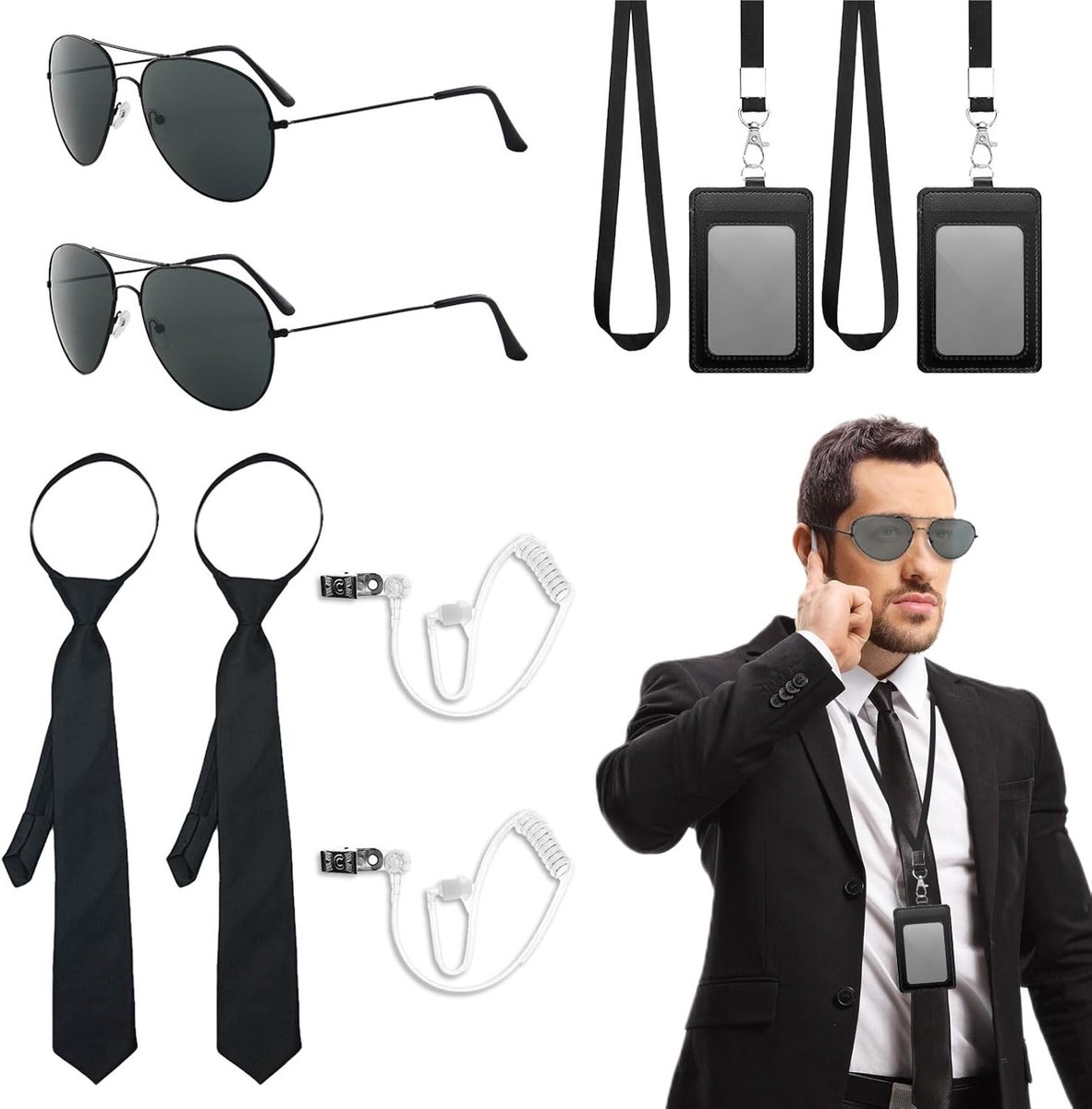 10-delige Agent Accessoire Set voor Kostuums met Zonnebril, Stropdas, Kaart Houder en Oordopjes - Perfect voor Cosplay en Filmfeesten