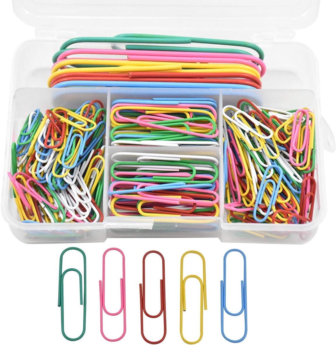 Kleurige Paperclips Set van 250 Stuks - Plastic Gecoat, Kleine en Grote Formaten voor Kantoor en School, Inclusief Opbergdoos