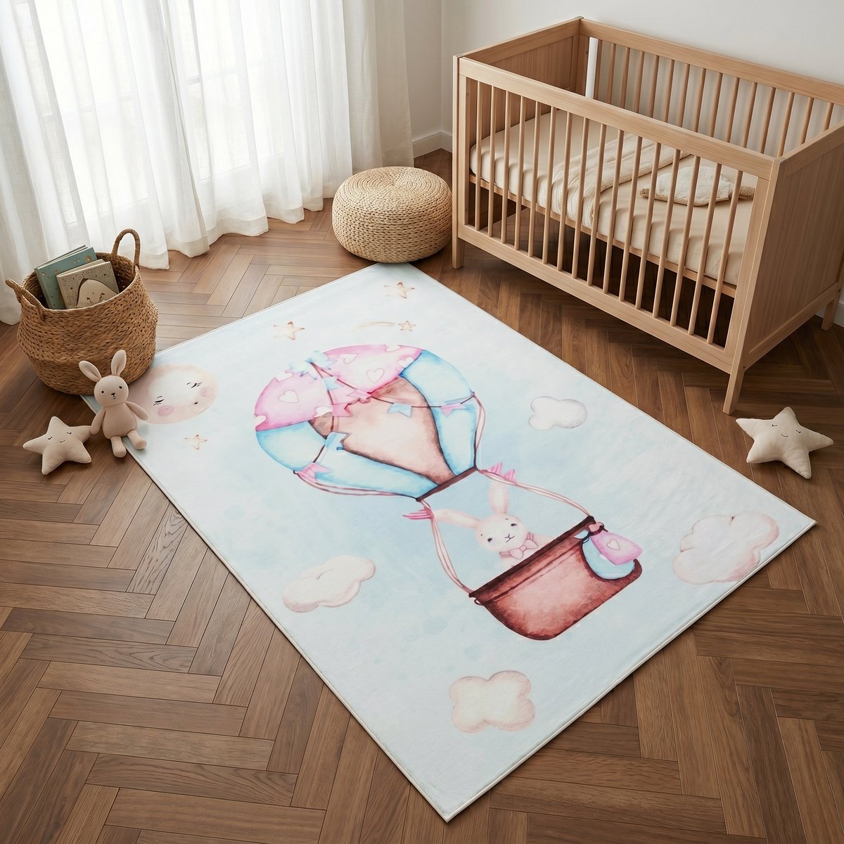Tapiso Kids Kindervloerkleed Konijn Luchtballon – Zacht Babykamertapijt Lichtblauw Roze Aquarel – Antislip Wasbaar, foto 6