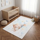 Tapiso Kids Kindervloerkleed Teddybeer Ballonnen Kroon – Zacht Babykamertapijt Blauw Beige Aquarel – Antislip Wasbaar 160x230