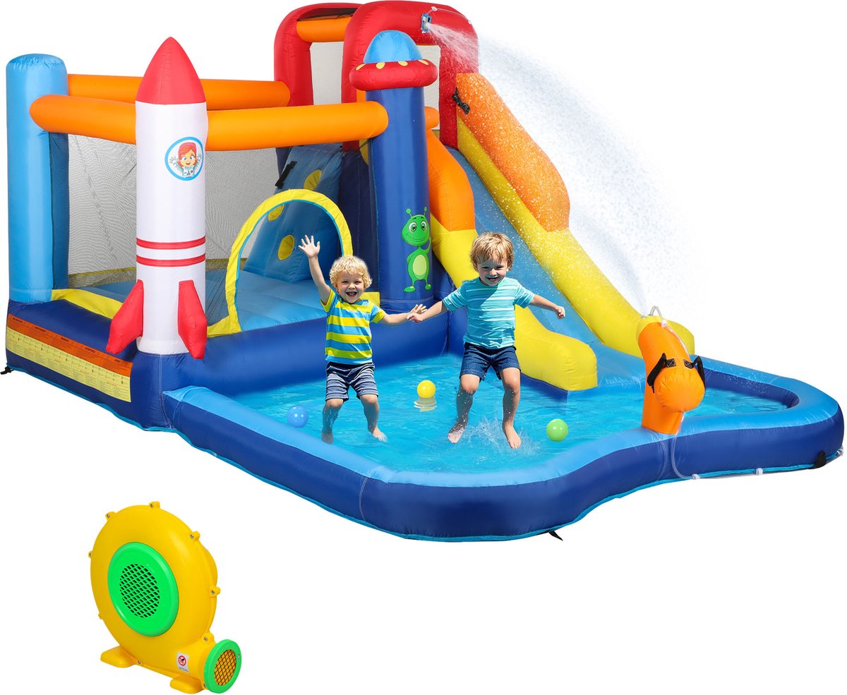 TEKROA® Springkussen met Glijbaan en Waterpark 5-in-1 - Opblaasbaar Speelparadijs incl - 550W Blower - Waterkanon & Draagtas