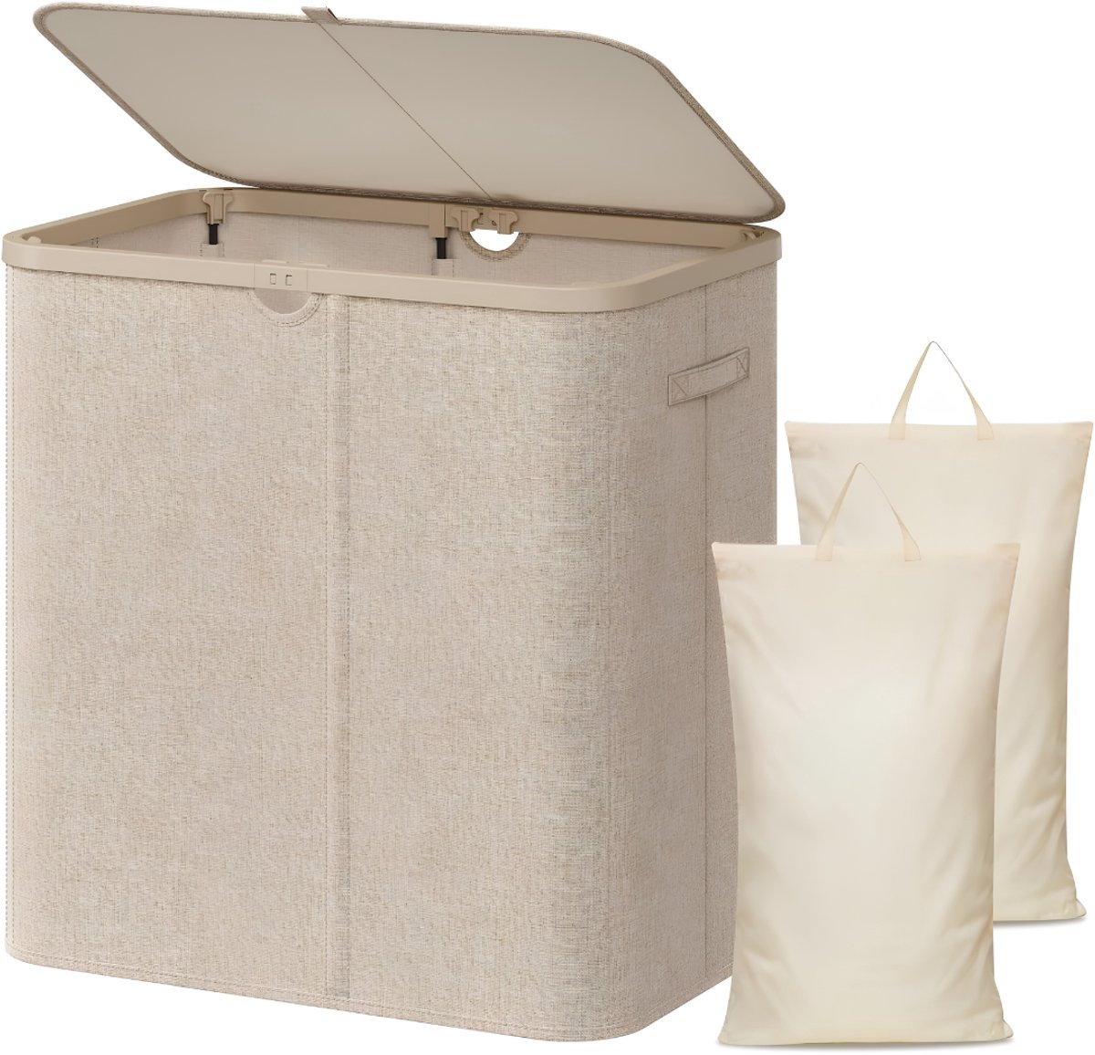 JCP® Wasmand - 145L - Wasmand 2 Vakken - Wasmand met Deksel - Beige - 60cm x 40cm x 60cm