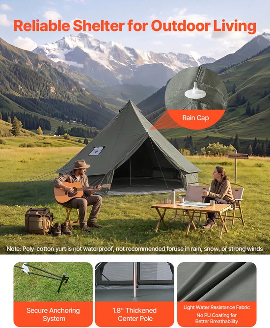 VEVOR Canvas Bell Tent, 3m Yurt, 4 Seizoenen, met Schoorsteenopening, Slaapruimte voor Maximaal 3 Personen, met Uitneembare Vloer (Ritssluiting), Ideaal voor Gezinskamperen en Buitenactiviteiten, Groen van Vevor — afbeelding 5
