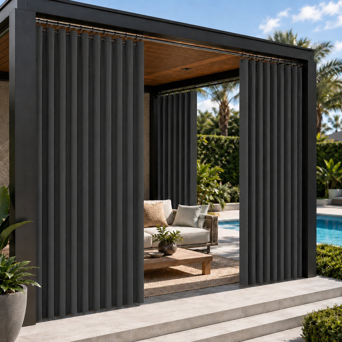 MUPOO Buitengordijn Extra Breed 254 cm - Buitengordijnen Waterdicht met Ringen - Privacy & Lichtwerend - Zonwerend Buiten Gordijn 230GSM - Outdoor Gordijn voor Terras, Veranda, Balkon en Schuifdeur - B254 cm x L244 cm - Lichtgrijs - 1 Stuk