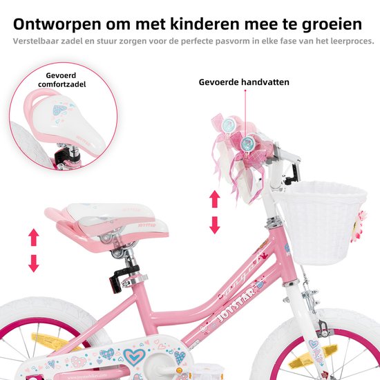 Roze kinderfiets met verstelbaar zadel en stuur, details van comfortabele handvatten.
