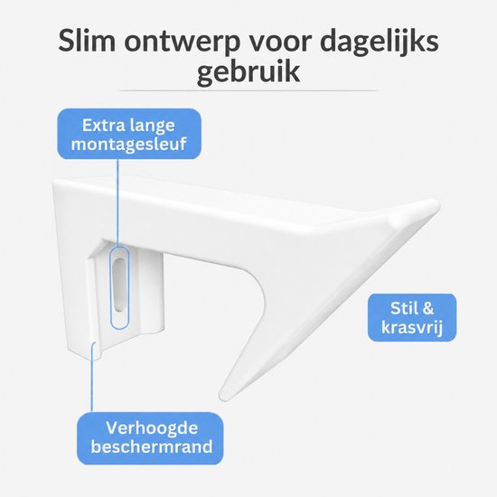 Witte deurklinkhouder met "Extra lange montagesleuf" en "Stil & krasvrij".