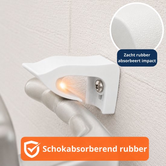 Witte deurklinkhouder met zacht rubber dat impact absorbeert.