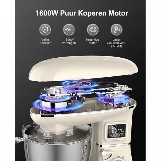 SHANNA Digitale Keukenmachine - 1600W Zuiver Koper - Standmixer - Bakmachine - 6,2L RVS Mengkom - Met LCD Timer, Deeghaak, Garde en Complete Bakaccessoires - Crèmewit — afbeelding 2