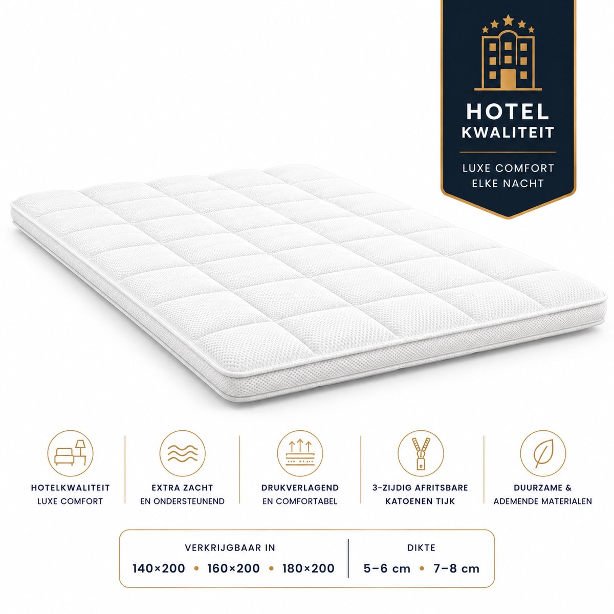 AMAY HOME TOPPER HOTELKWALITEIT HR45 160X200 – 7/8 CM – LUXE TOPMATRAS – HR45 KOUDSCHUIM – 3-ZIJDIG AFRITSBARE KATOENEN TIJK – WASBAAR OP 60°C