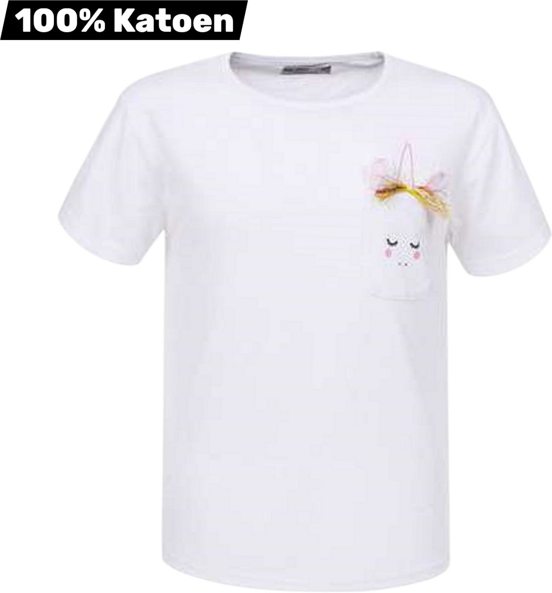T-shirt 100% katoen wit met borstzakje 158