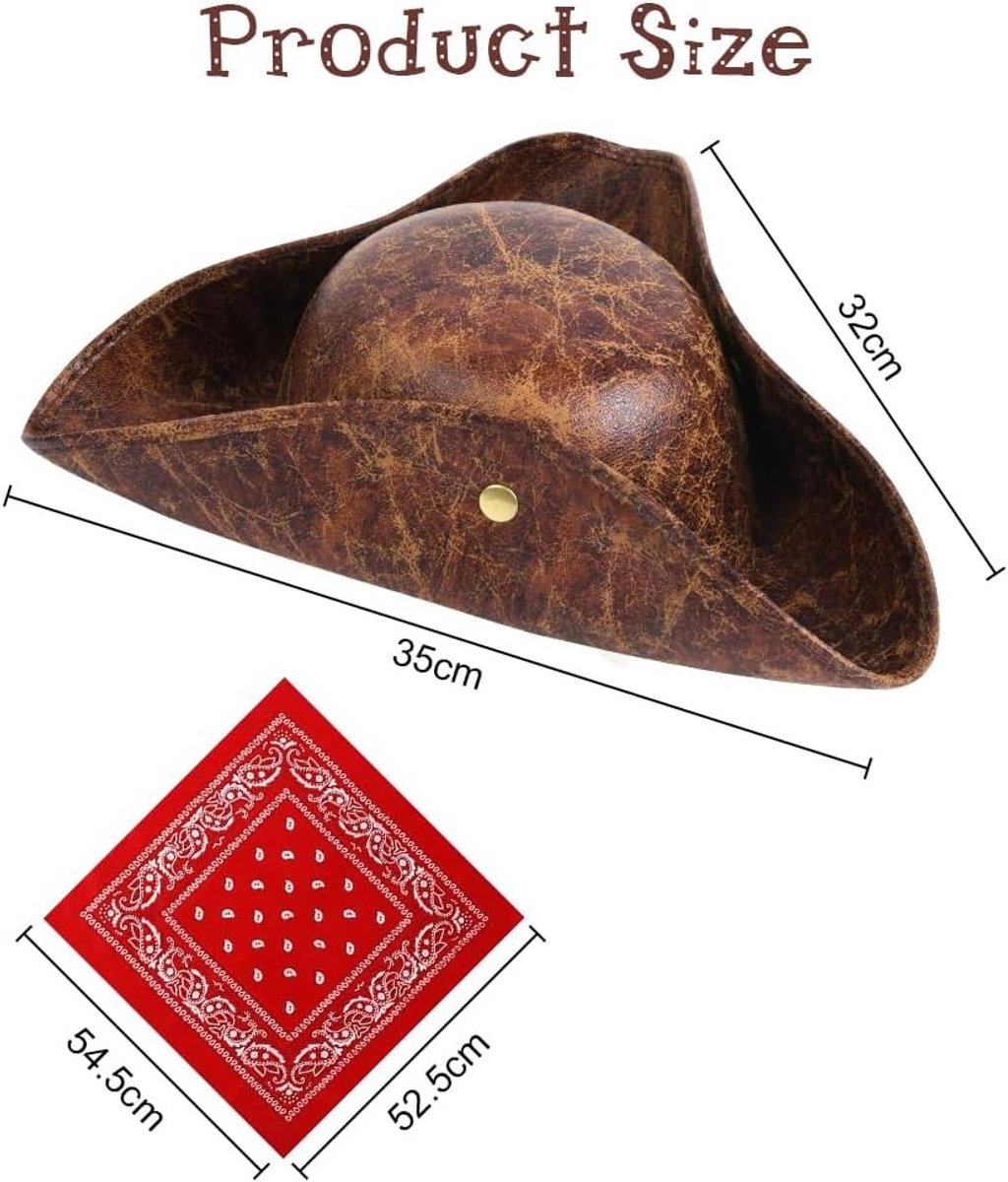 Piratenhoed van Faux Leer, Driehoorn Hoed voor Carnaval, Halloween en Themafeesten, Piratenaccessoires, Kostuum, Bruin