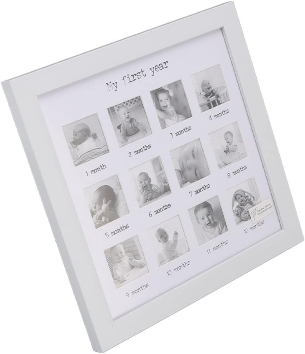 Uniek Fotoalbum voor de Eerste Jaar van je Baby, Stevige 12 Maanden Herinneringen met Haakjes en Steunvoeten, Groeirecord Collage Fotolijst voor Jongens en Meisjes