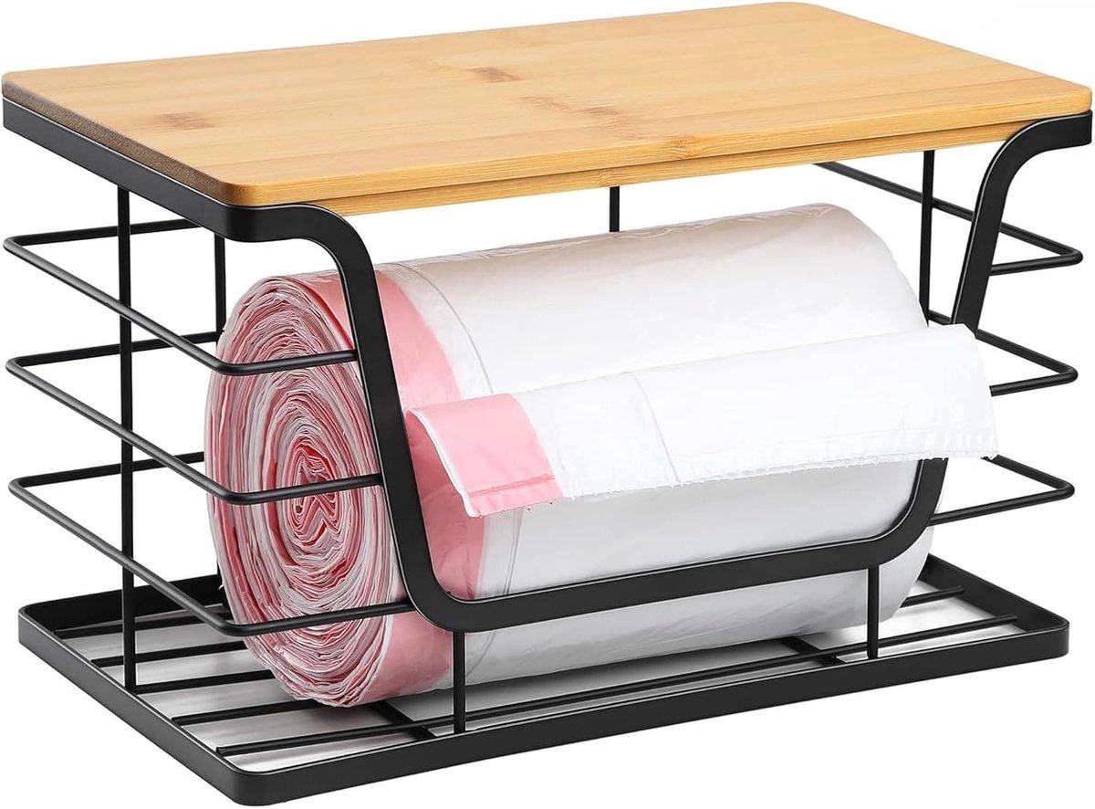 Wandmontage afvalzakhouder met bamboe deksel, roestvrij staal, compact en praktisch voor keuken en badkamer