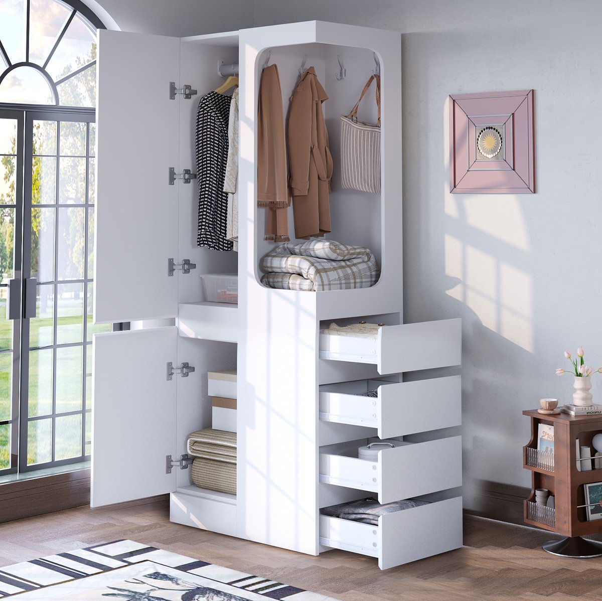 MEUNIQ kledingkast 70 x 40 x 170 cm met 1 deur, 4 lades, open hanggedeelte en opbergvakken, kast voor slaapkamer of werkkamer, wit