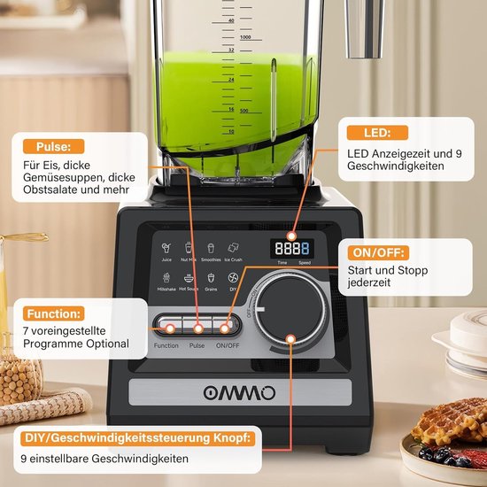 Krachtige Blender - Smoothie Maker Keukenmachine - IJs Breken Drankjes - 9 Snelheidsstanden - 2 Liter Kan - Zwart van Merkloos — afbeelding 2