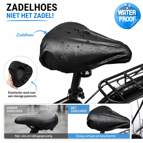 Zwarte waterdichte fietszadelhoes op zadel met waterdruppels. Vergelijking droog/nat zadel.