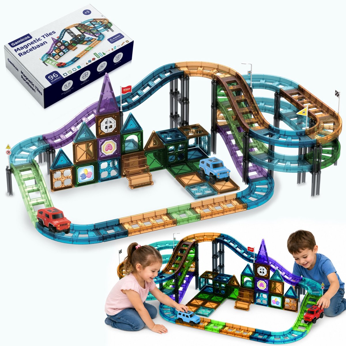 GAMICOS® Magnetische Tiles Racebaan 96-delig – Stedelijke Auto Racebaan Bouwset – Magnetische Bouwstenen Kinderen – Montessori Educatief Speelgoed – Auto Track Constructieset – STEM Speelgoed Cadeau