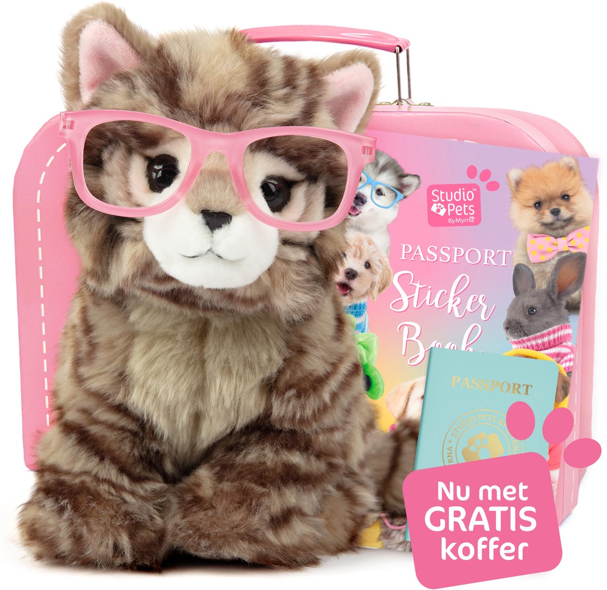 Studio Pets® Set van Knuffel Britse Langhaar Kat Paige (23 cm) met GRATIS Roze Kartonnen Koffer, Paspoort en Stickerboek – Complete Cadeauset voor kinderen