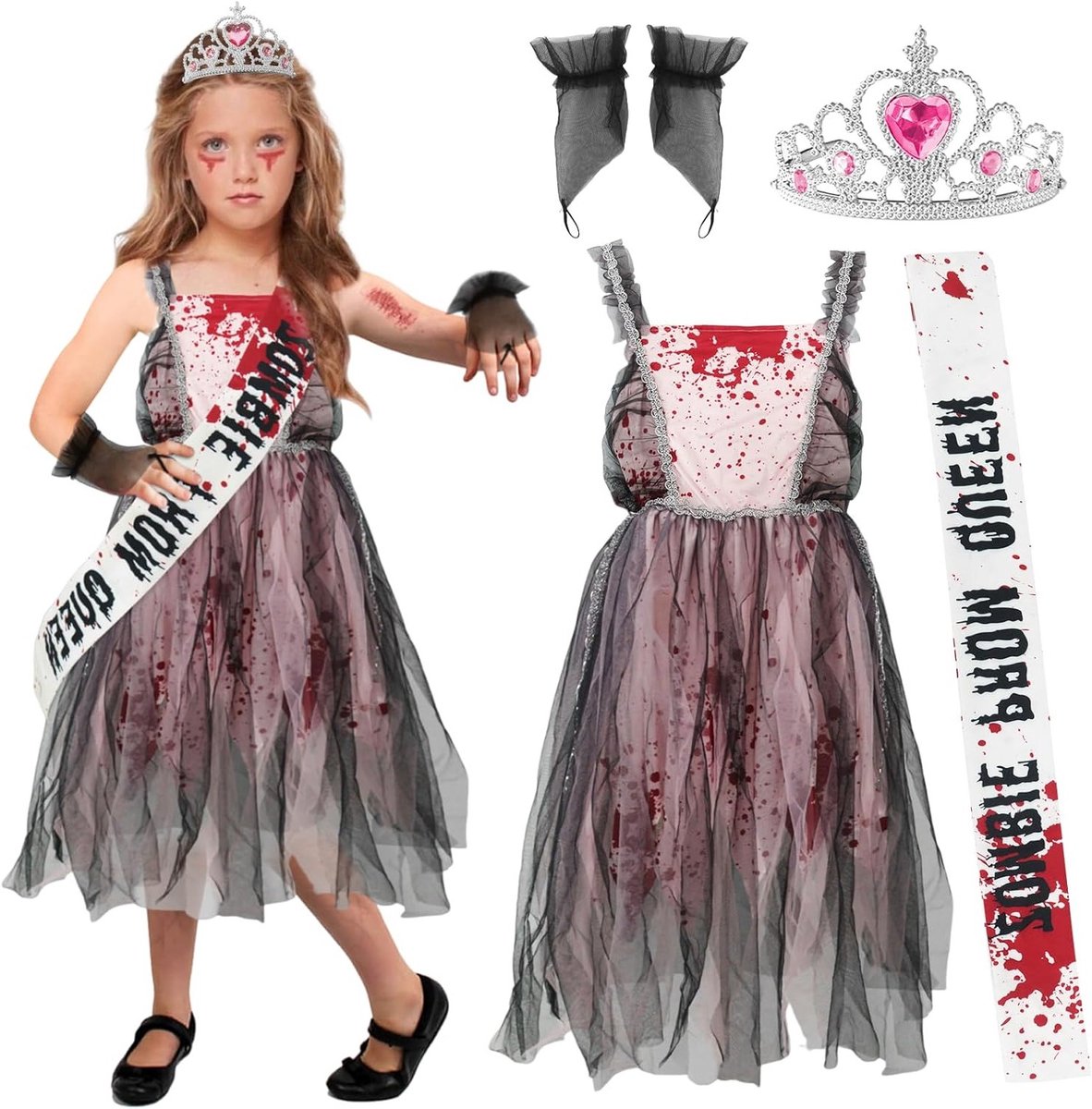 Bloederige Horror Jurk voor Meisjes met Kroon en Schouderband voor Carnaval en Themafeesten (M, 7-9 Jaar)
