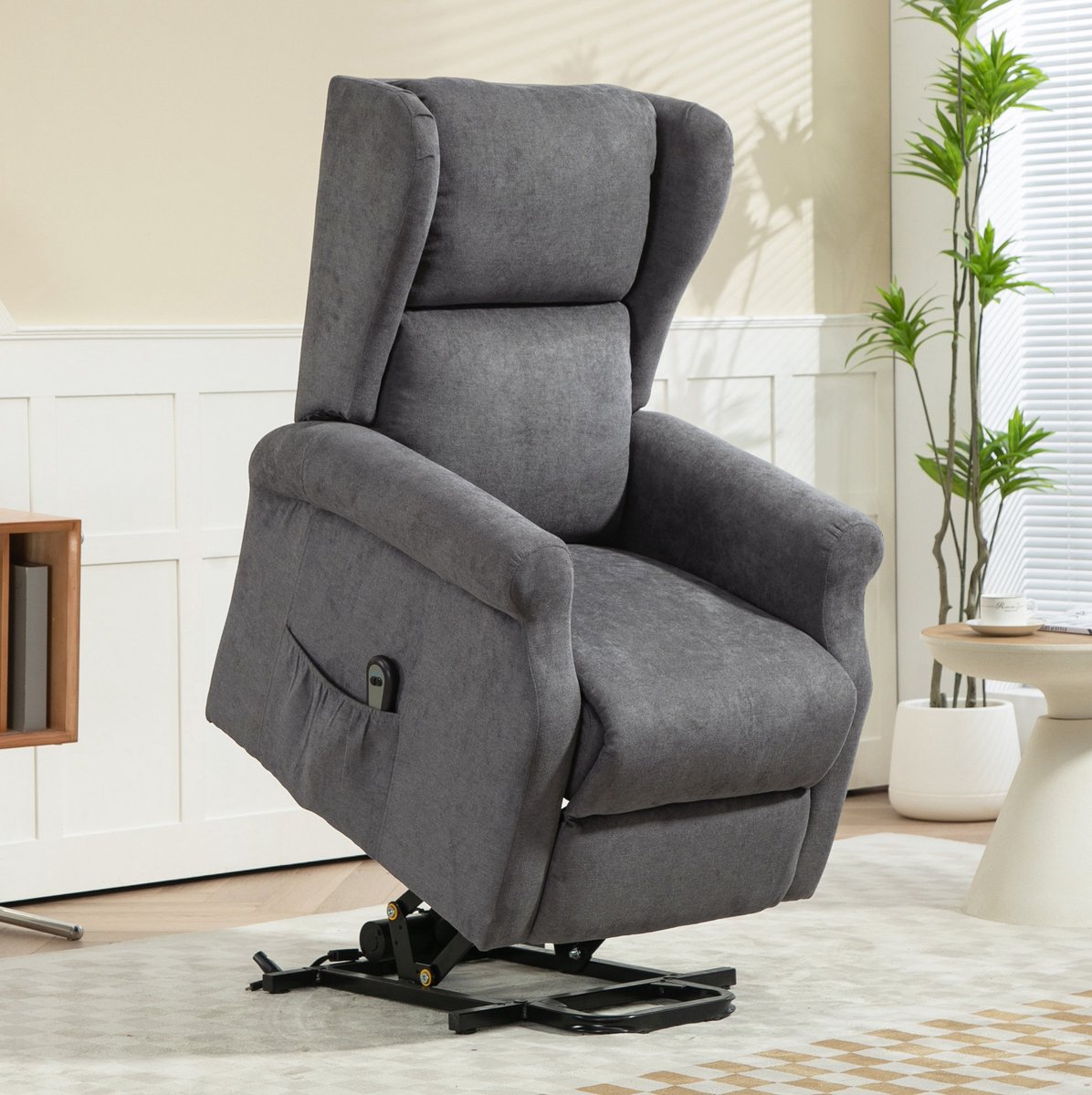 OKWISH Relaxfauteuil 74 x 94 x 111 cm - Elektrische Sta-op Functie En Verstelbare Rugleuning Met Voetensteun - Voor Woonkamer - Stof - Donkergrijs