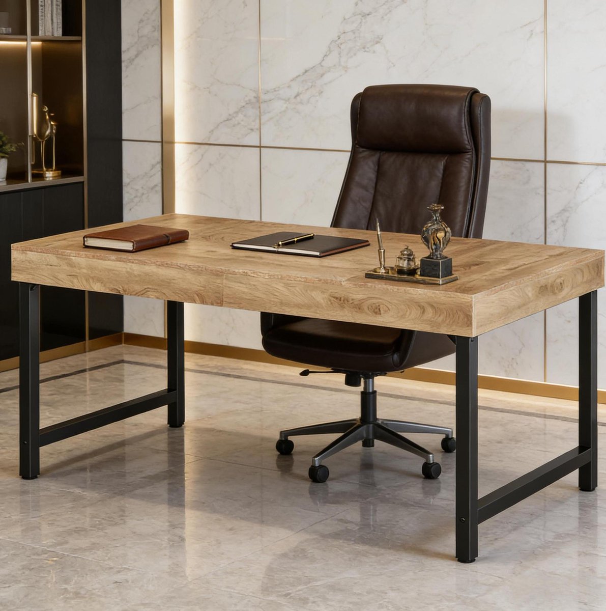 FloraGrace Bureau - Ruim Werkblad Met Rustiek Design - Voor Kantoor, Vergaderruimte En Thuiswerkplek - MDF En Metaal - 140 Cm - Zwart Bruin