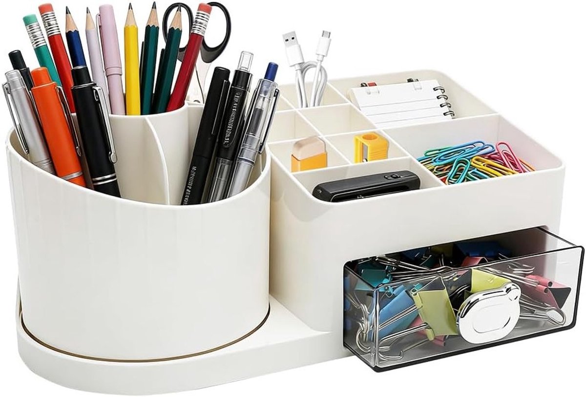 Multifunctionele Bureau Organizer met 15 Compartimenten en 1 Lade, 360° Penhouder voor Kantoor, School en Creatieve Benodigdheden