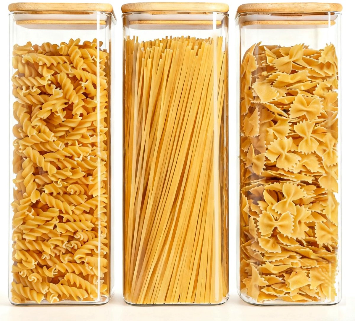 Glazen Voorraadpotten Set - 3 Stuks - 2100 ml - Met Deksel - Luchtdicht - Voor Pasta, Rijst, Granen, Zaden & Keukenopslag