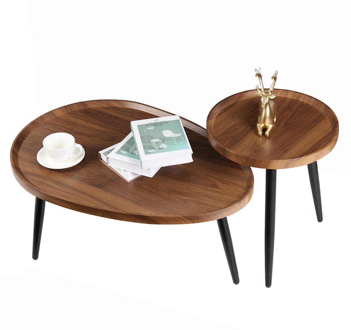 Emvae Salontafel - Bijzettafel - Set van 2 - Koffietafel - Salontafel Ovaal - Bijzettafel - Retro - Walnootkleur