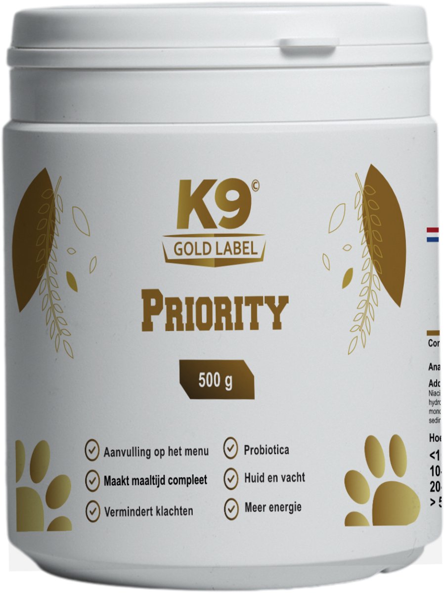 K9 gold label - priority - aanvullend vitamines voor kvv en barf - maakt een kvv maaltijd compleet