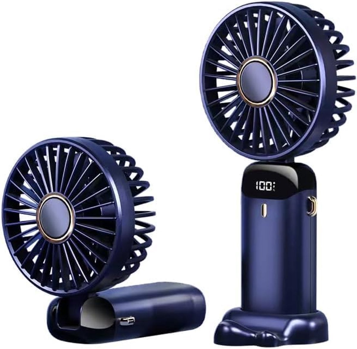Compacte donkerblauwe oplaadbare handventilator met digitaal LED-display, 5 instelbare windsnelheden, flexibel verstelbaar, fluisterstille koeling, bruikbaar als bureauventilator, handventilator en draagventilator