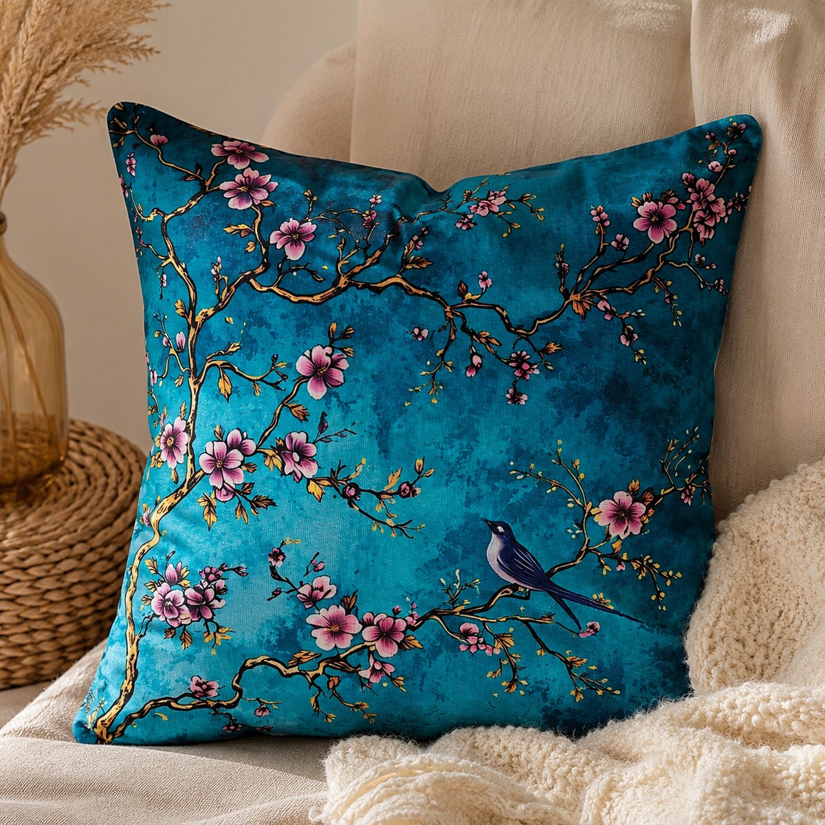 Sierkussenhoes Bloesem & Vogel Turquoise – Decoratieve Kussenhoes met Bloemenprint – 45x45 cm