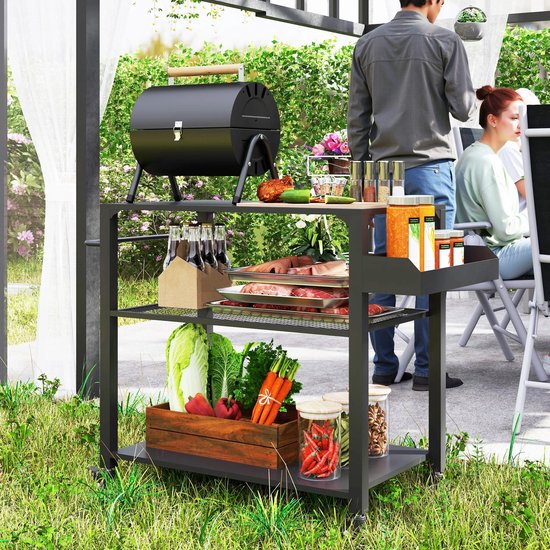 Joorly Buitenkeuken - BBQ Standaard - BBQ Wagen - Grillwagen - Tafel op wielen - Metaal - Multifunctioneel - 105x50x79cm - Zwart — afbeelding 3