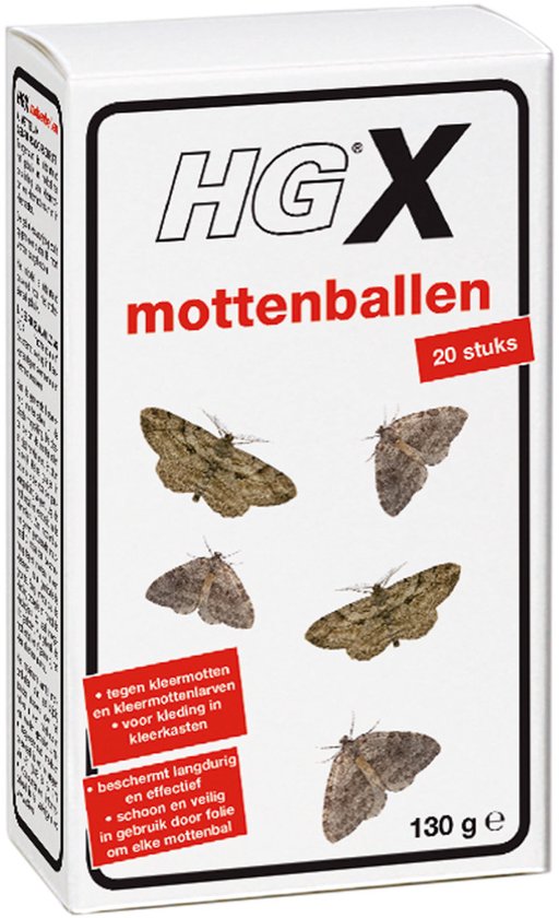 Doos met 20 HGX mottenballen, met afbeeldingen van motten.
