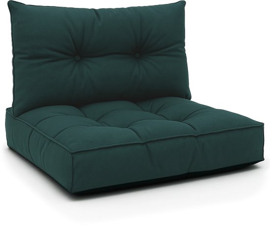 Coussin d'assise et de dossier vert foncé, boutonnés, sur fond blanc.