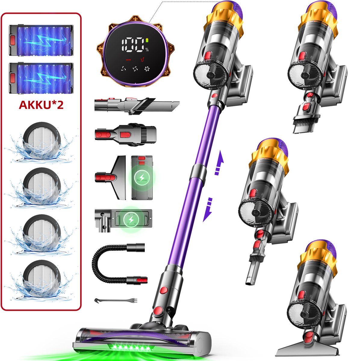 Hiaonyx steelstofzuiger - steelstofzuiger draadloos - 75000pa - LED Verlichting - Geschikt voor Tapijten - twee batterijen - paars
