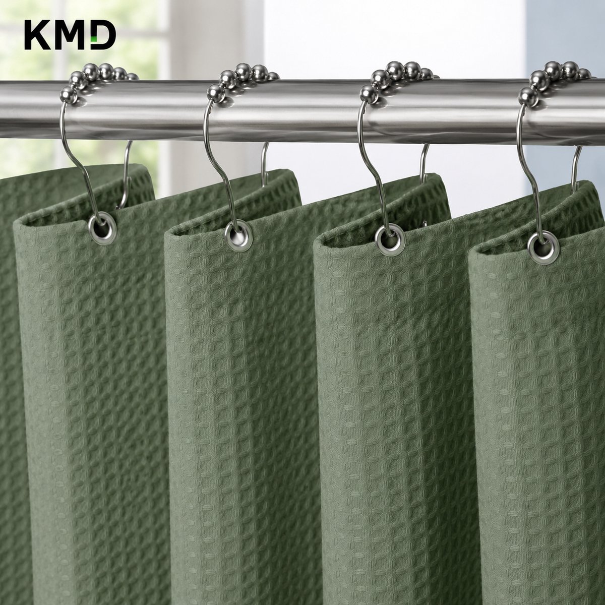 KMD Douchegordijn Wafelstof Waterdicht 122x182 cm - Anti-schimmel Textiel Badgordijn met Metalen Ringen - Groen