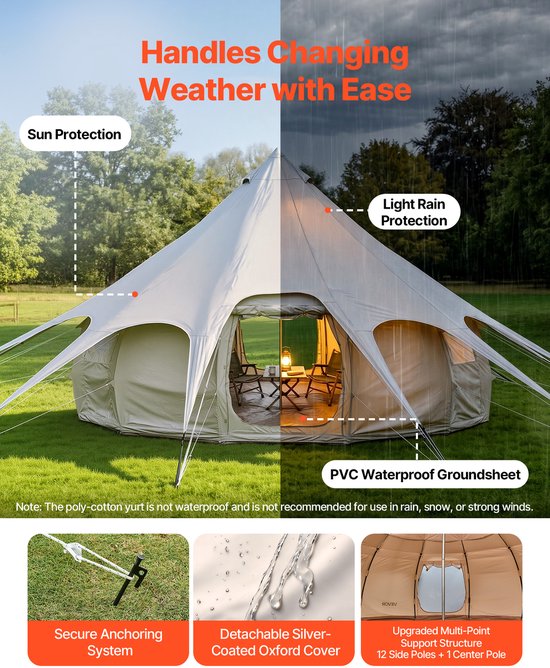 VEVOR Canvas Bell Tent, 5m Yurt, 4 Seizoenen, met Schoorsteenopening & Regenhoes, Poly-katoenstof, Slaapplaatsen tot 12 Personen, voor Familiekamperen & Andere Buitenactiviteiten, Beige van Vevor — afbeelding 3