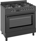 Zwart gasfornuis met 6 branders, oven met glazen deur en een digitaal display. Vonkontsteking.