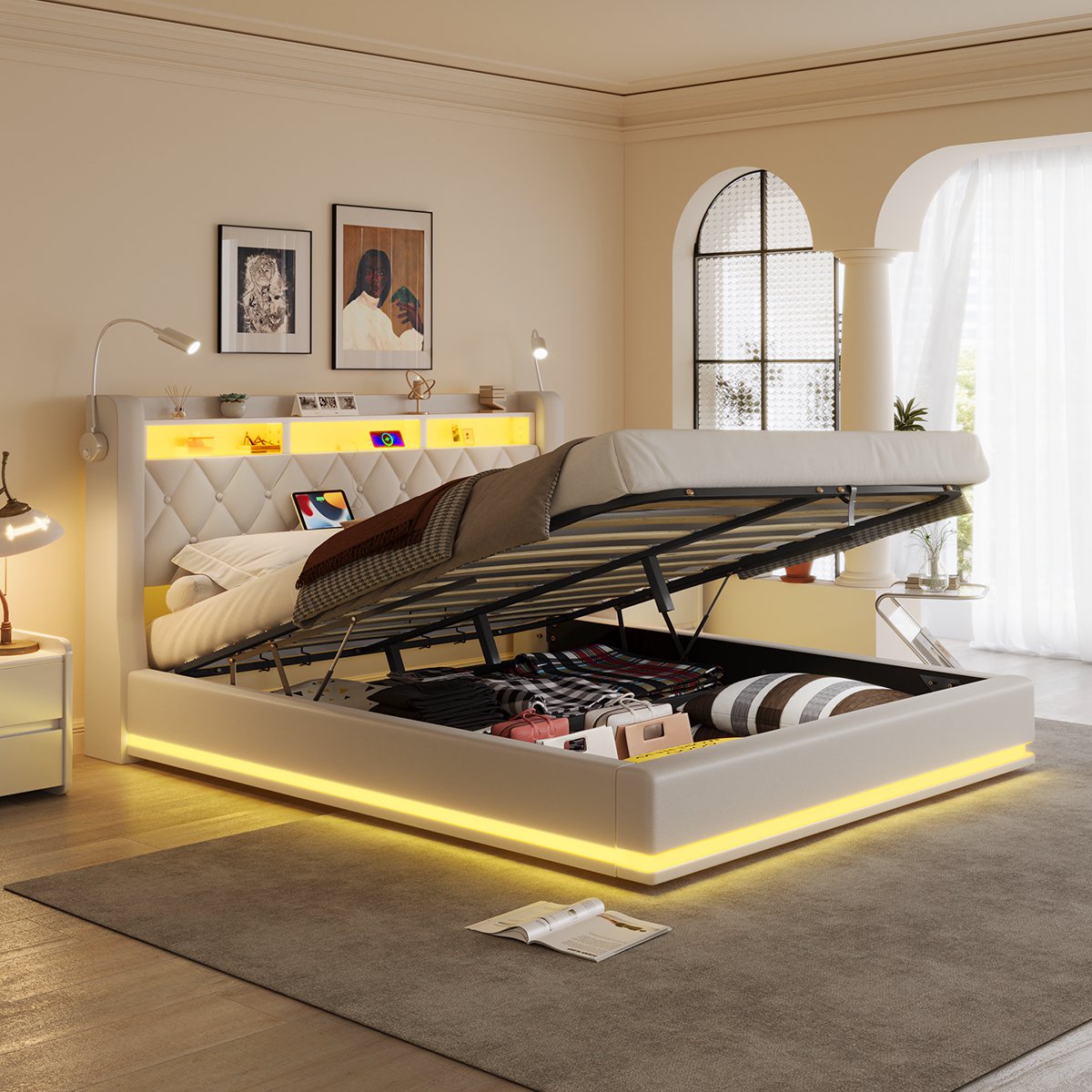 Gestoffeerd Bed 160x200 cm - Opbergruimte - Opbergbed - Jongerenbed - Jeugdbed - Tweepersoonsbed - Bedframe met Led Verlichting - Met Stopcontacten - USB -Type C - Met Leeslamp - Eenvoudige Montage - Beige