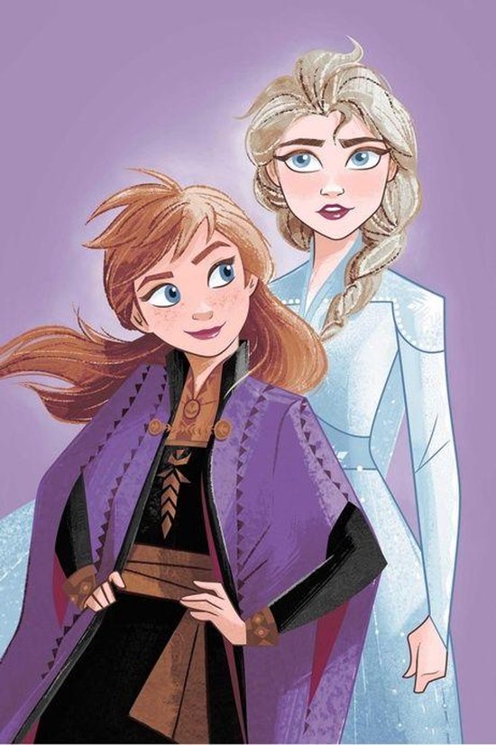 Anna met kastanjebruin haar en paars vest, Elsa met gevlochten blond haar en lichtblauwe jurk.