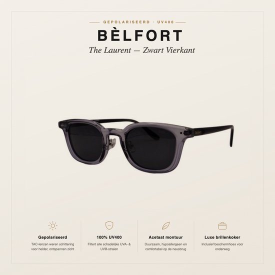 Bèlfort Zonnebril Heren - The Laurent - Transparant Zwart Vierkant - Gepolariseerd UV400 - Metalen Frame - Volledig Omrand - Inclusief Brillenkoker van Bèlfort — afbeelding 4