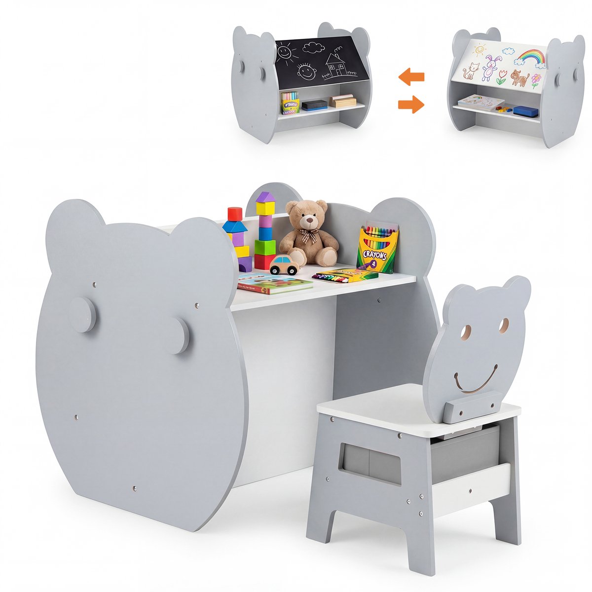 COSTWAY 3-in-1 Kindertafel met Stoel in Berenvorm, Tekentafel met Omkeerbaar Krijtbord & Whiteboard, Kindersitgroep met Haken, Stoffen Lade, Opbergruimte, Activiteitentafel voor Kinderen vanaf 3 jaar (Grijs)