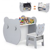 Grijze kindertafel en stoel in beren-vorm. Bureau met speelgoed, krijtbord en whiteboard opties. Stoel met berengezicht en opbergruimte.
