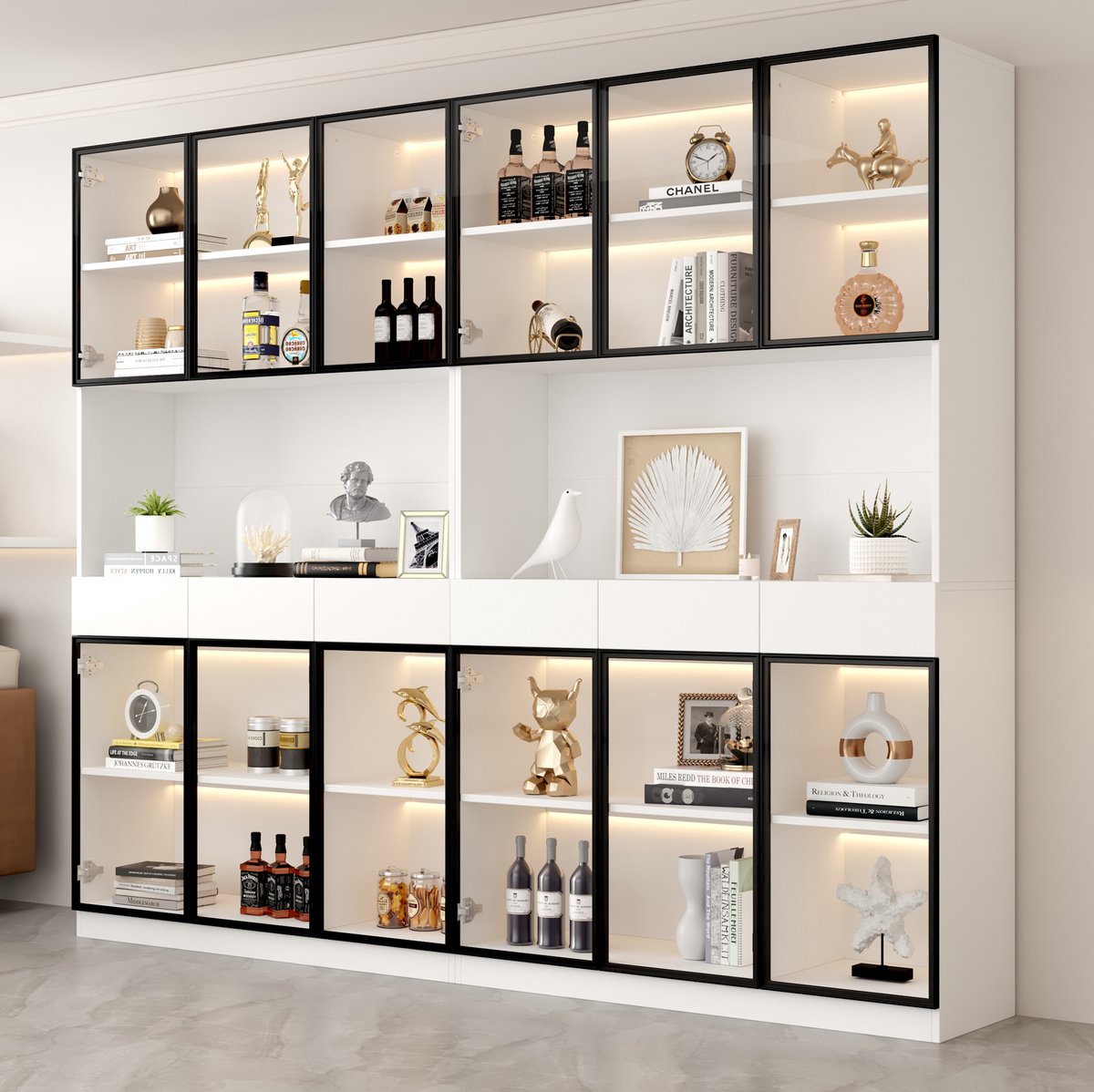 FloraGrace Boekenkast - Vitrinekast Met LED Verlichting En Glazen Deuren - Voor Woonkamer Slaapkamer En Kantoor - Wit Zwart - 120x36x200 Cm
