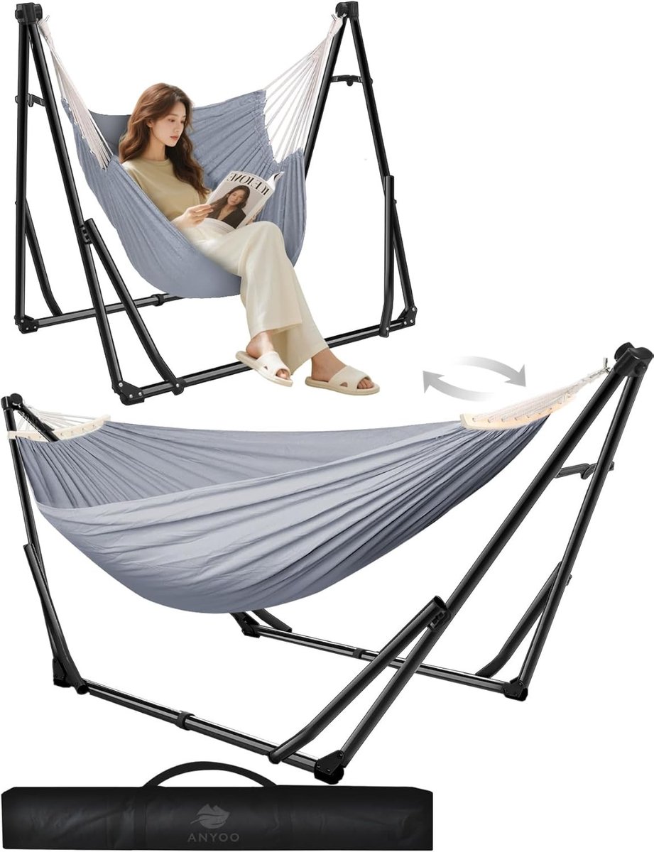 Hammock en Hangstoel met Opvouwbare Stand, Dubbel Gebruik Draagbare Hangmat Set voor Binnen en Buiten Activiteiten