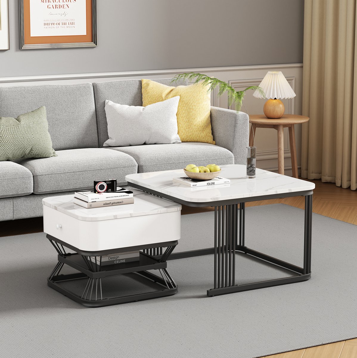 MIVRAY Salontafelset - 2 Delige Salontafel Met Hoogglans Marmerlook En Lade - Voor Kleine Woonkamer - MDF En Metaal - Wit Zwart